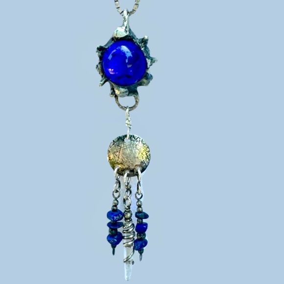 VNTG Marble Artisan Flail Pendant Sterling Silver Clear Quartz & Lapis Lazuli - Picture 10 of 12